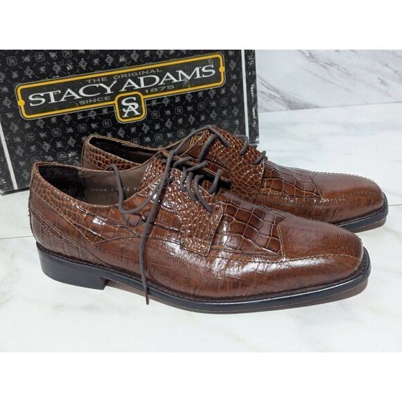 Stacy Adams Men's Brown Trevisco Tobacco Croc Embossed Leather Tie Oxford Size 1 - Picture 2 of 9